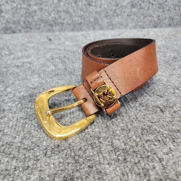 Michael Kors Brown Wide Leather Belt Gold Tone Buckle Small Retro Boho Western - Picture 1 of 16